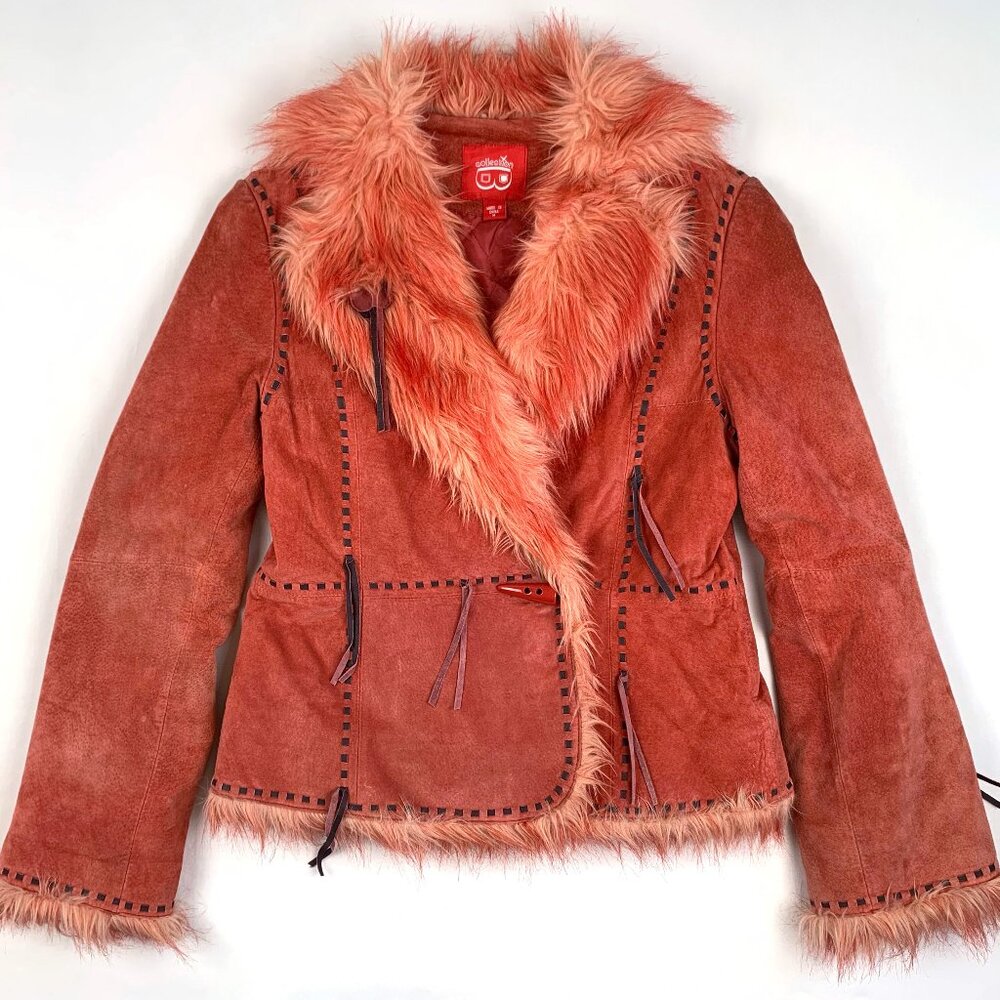 Y2K Genuine Suede Faux Fur Trim Jacket | 2000s Boho Moto Coat